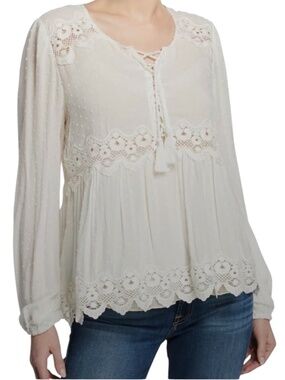 Johnny Was Jade Mikala Raised Dot Lace-Up Front Long-Sleeve Boho Blouse Medium